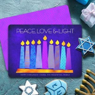 Hanukkah Blue Boho Pattern Candle Peace Love Light Holiday Card