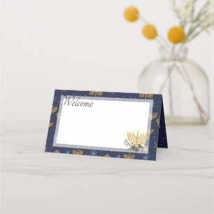 Hanukkah Blue & Gold Menorah Pattern Navy Blue Place Card