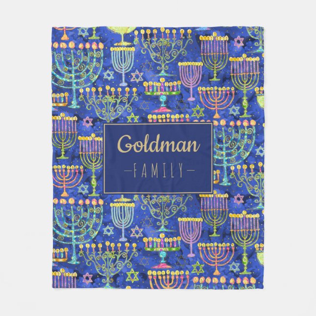 Hanukkah Blue Gold Menorah Star of David Name Fleece Blanket (Front)