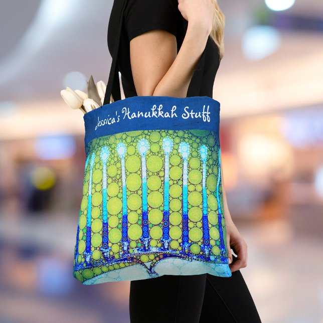 Hanukkah Blue Green Menorah Custom Name Trendy Tote Bag (Creator Uploaded)