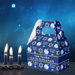 Hanukkah Blue Menorah Dreidel Pattern Custom Party Favour Box<br><div class="desc">Beautiful Hanukkah party favour box in pretty blue with a cool pattern of Judaism star,  dreidel for fun Chanukah games,  and the Jewish menorah for the holiday. Monogram with your own gift message from your family.</div>