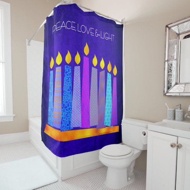 Hanukkah Blue Pattern Boho Candle Peace Love Light Shower Curtain (In Situ)
