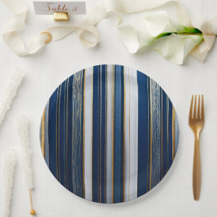 Hanukkah Blues Stripes Blue White Gold Paper Plate