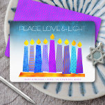 Hanukkah Boho Candles Turquoise Peace Love Light Holiday Card<br><div class="desc">“Peace, love & light.” A playful, modern, artsy illustration of boho pattern candles in a menorah helps you usher in the holiday of Hanukkah. Assorted blue candles with colourful faux foil patterns overlay a turquoise gradient to white textured background. Faux hot pink purple pattern foil on a cornflower blue background...</div>