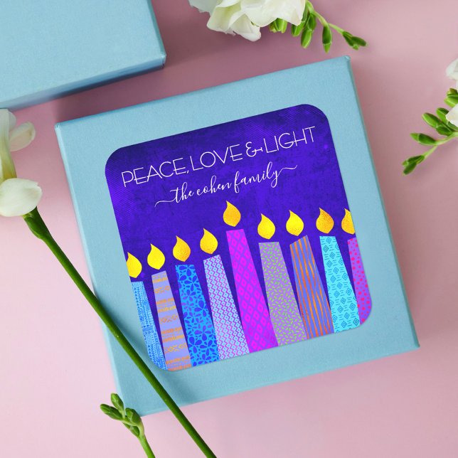 Hanukkah Bold Candles Blue Peace Love Light Name Square Sticker (Creator Uploaded)