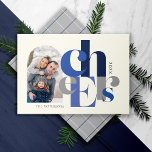 Hanukkah Bold Photo Blue Holiday Card<br><div class="desc">These 7" x 5" holiday photo greeting cards feature the greeting,  "Cheers, " in large blue and grey on a chiffon white background. Customise with your favourite photo,  name and year.</div>