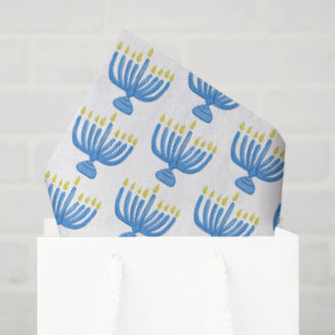 Hanukkah Botanical Menorah Watercolor Blue Tissue Paper