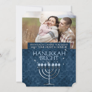 Hanukkah Bright Blue Menorah 3-Photo Holiday Card