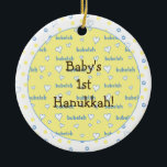 Hanukkah "Bubeleh"Blue/Yellow Circle Ornament<br><div class="desc">Hanukkah "Bubeleh"Blue/Yellow Circle Ornament. (2 sided) Personalise by deleting "Baby's 1st Hanukkah" on front and back of ornament. Then using your favourite font colour, size and style, type in your own words. Thanks for stopping and shopping by. Much appreciated! Happy Chanukah/Hanukkah! Bring a lot more holiday cheer to your tree...</div>