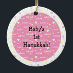 Hanukkah "Bubeleh"/Pink/Circle Ornament<br><div class="desc">Hanukkah "Bubeleh"/Pink hearts-Circle Ornament. (2 sided) Personalise by deleting "Baby's 1st Hanukkah!" on front and back of ornament. Then using your favourite font colour, size and style, type in your own words. Thanks for stopping and shopping by. Much appreciated! Happy Chanukah/Hanukkah! Bring a lot more holiday cheer to your tree...</div>
