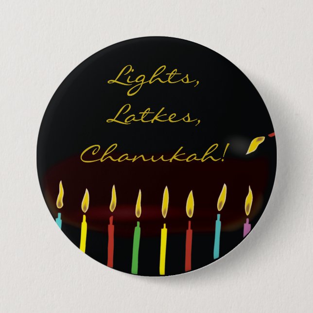 Hanukkah Button, Lights, Latkes, Chanukah! 7.5 Cm Round Badge (Front)