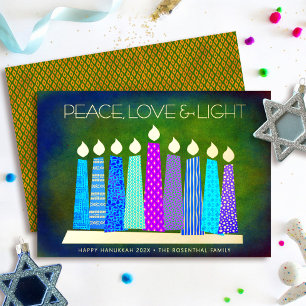 Hanukkah Candles Peace Love Light Green Real Gold Foil Holiday Card