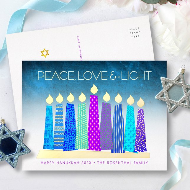 Hanukkah Candles Peace Love Turquoise Real Gold  Foil Holiday Postcard (Creator Uploaded)
