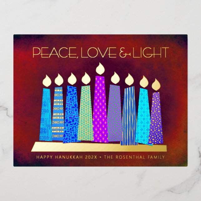 Hanukkah Candles Red Peace Love Light Real Gold Foil Holiday Postcard (Front)