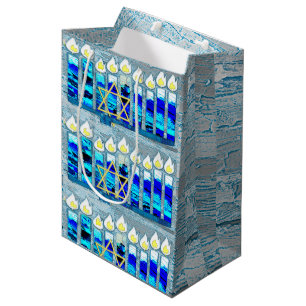 Hanukkah Candles with Gold Star of David Medium Gift Bag