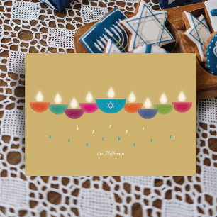 Hanukkah Card   Colourful Oil Lamp Menorah   Gold