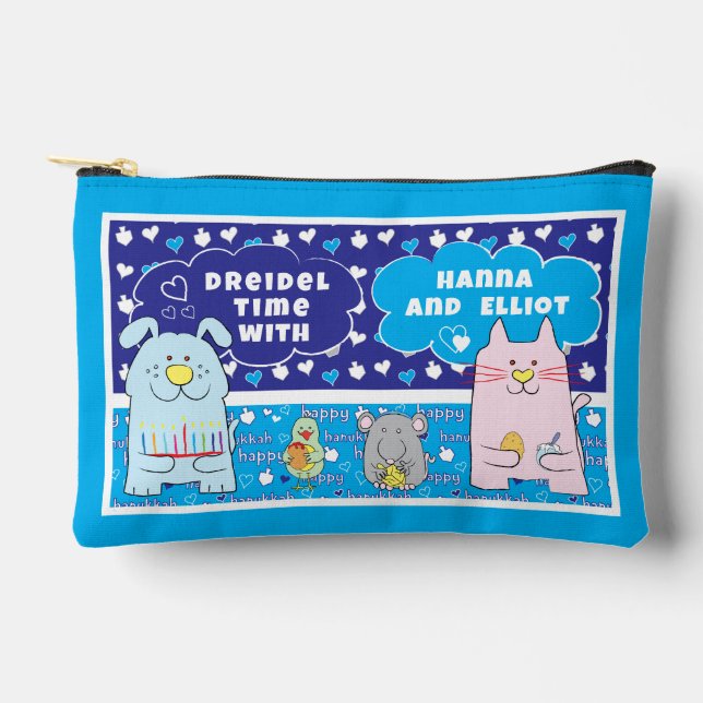 Hanukkah Cat Dog Mouse Bird Play Dreidel Accessory Pouch (Front)