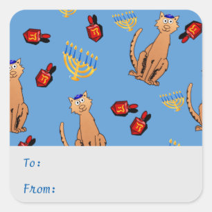 Hanukkah Cat Dreidel Blue Gift Tag Sticker