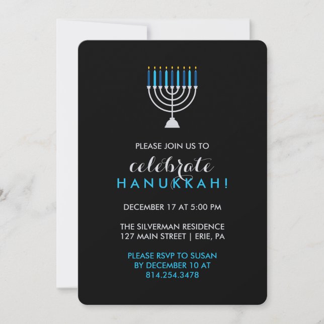 Hanukkah Celebration with Silver Menorah on Black Invitation (Front)