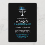 Hanukkah Celebration with Silver Menorah on Black Invitation<br><div class="desc">If you're looking for a stylish,  eye-catching way to invite your guests to your Hanukkah party,  this is it! An elegant design that features a silver menorah with blue candles,  and a dark black background. The text is in silver and turquoise.</div>