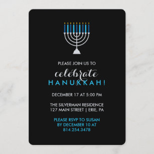 Hanukkah Celebration with Silver Menorah on Black Invitation