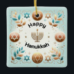 Hanukkah Ceramic Ornament<br><div class="desc">Hanukkah Ceramic Ornament with quote on back
Jewish festival,  lasting eight days from the 25th day of Kislev (in December) and commemorating the rededication of the Temple in 165 BC by the Maccabees after its desecration by the Syrians. It is marked by the successive kindling of eight lights.</div>