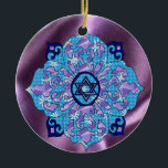 Hanukkah Ceramic Tree Decoration<br><div class="desc">Blues of all shades,  lilac and lavender in a flower shape with a knotted six-sided star in the centre is a great way to celebrate Hanukkah and express your individuality at the same time.</div>