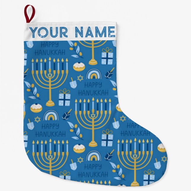 Hanukkah Chanukah Blue Modern Christmas Jewish Lar Large Christmas Stocking (Front)