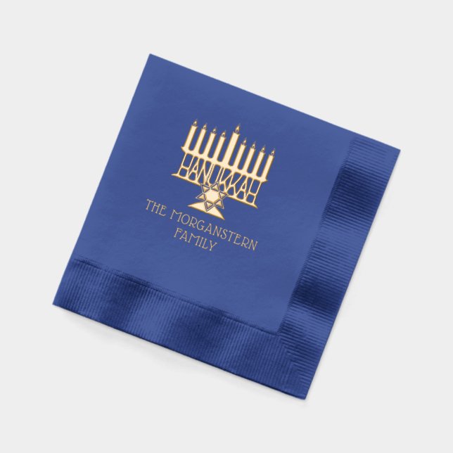 Hanukkah Chanukah Lit Menorah #2 Family Name Foil Napkins (Left)
