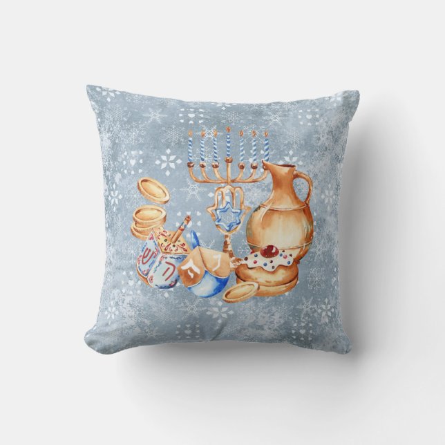 Hanukkah Chanukah Menorah Watercolor Blue Snow Cushion (Front)