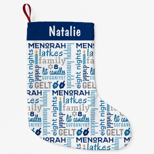 Hanukkah Chanukah Word Art Personalised Name Small Christmas Stocking (Front)