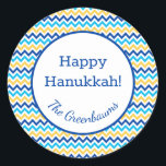 Hanukkah Chevron Classic Round Sticker<br><div class="desc">These fabulous gift tags would look great on all your Hanukkah gifts.  They are so modern yet classic with their blue,  turquoise and yellow chevron stripes.  And,  they are customisable with your family name.</div>