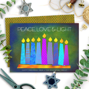 Hanukkah Chic Boho Candles Peace Love Light Green Holiday Card