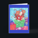 Hanukkah Christmas Holiday Greeting Card with Dog<br><div class="desc">"Le Chaim! - Celebrating life at a blended family holiday of Hanukkah and Christmas, a young man and his dog pop out of a present as a surprise." Singer, Actress, Writer, Producer and self-taught artist, Leslie Hyland Rodgers shares her line of whimsical Reminiscence Art. With childlike glee, each piece tells...</div>