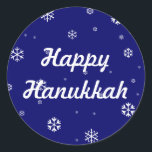 Hanukkah Classic Round Sticker<br><div class="desc">White snowflakes that you can change the text and background colour of. What it reads and more. For the holidays or the winter season.</div>