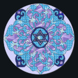 Hanukkah Classic Round Sticker<br><div class="desc">Blues of all shades,  lilac and lavender in a flower shape with a knotted six-sided star in the centre is a great way to celebrate Hanukkah and express your individuality at the same time.</div>
