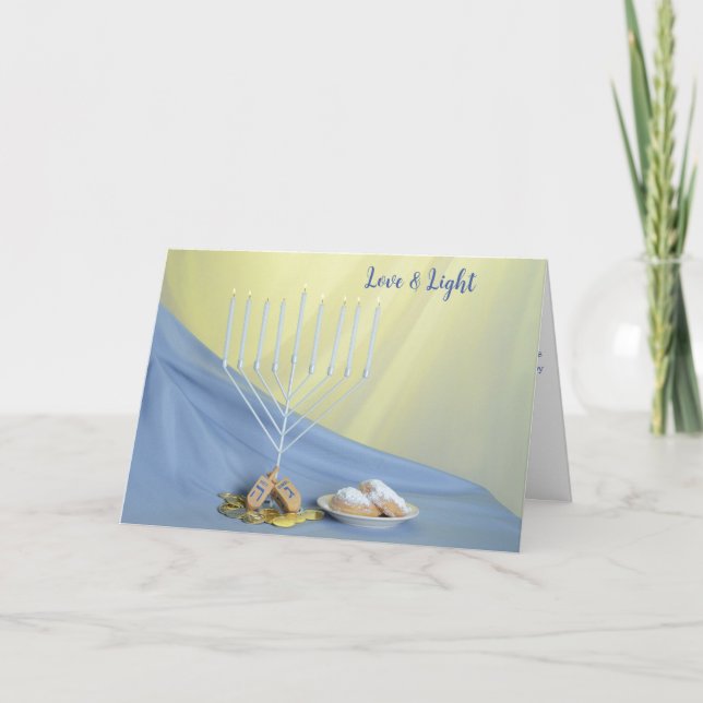 Hanukkah Coins Dreidel Doughnut White Menorah Holiday Card (Front)