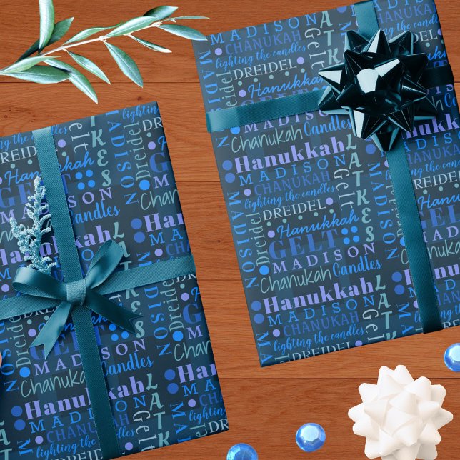 Hanukkah Collage Dark Blue Cool Cute Childs Name Wrapping Paper (Creator Uploaded)