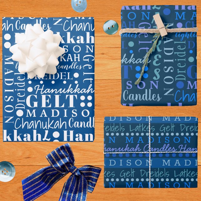Hanukkah Collage Dark Blue Cute Add Childs Name Wrapping Paper Sheet (Creator Uploaded)