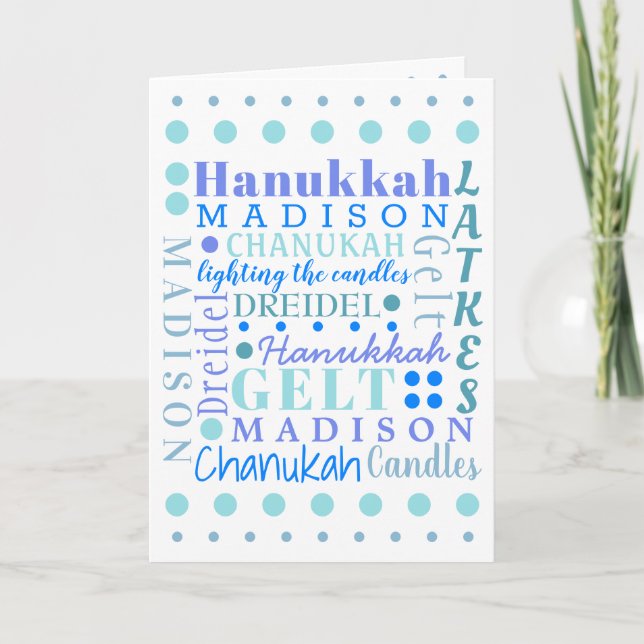 Hanukkah Collage Light Blue Cool Childs Name Holiday Card (Front)