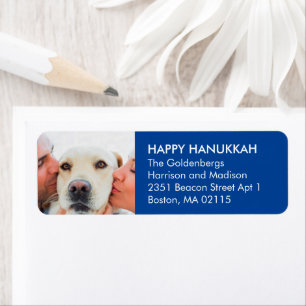 Hanukkah custom family photo modern white and blue return address label