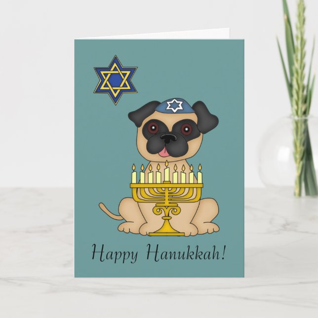 Hanukkah-Cute Jewish Pug Dog Holiday Card (Front)