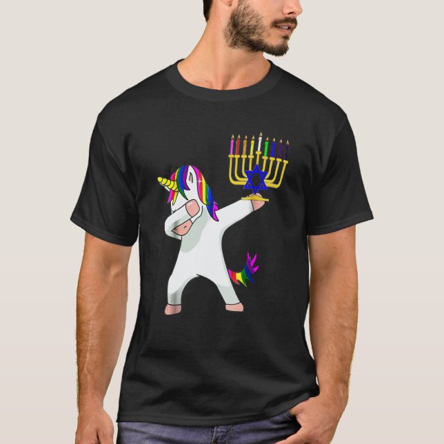 Hanukkah Dabbing Unicorn Jewnicorn Chanukah Jewish T-Shirt (Front)