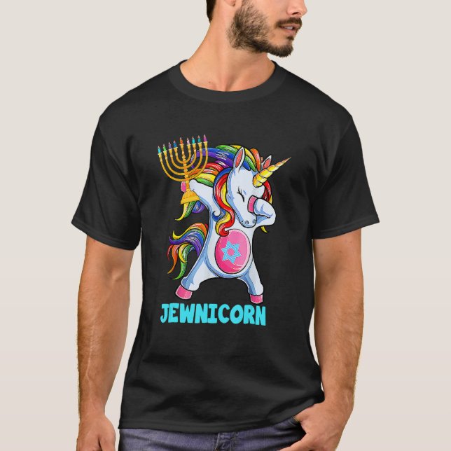 Hanukkah Dabbing Unicorn Jewnicorn Chanukah Jewish T-Shirt (Front)
