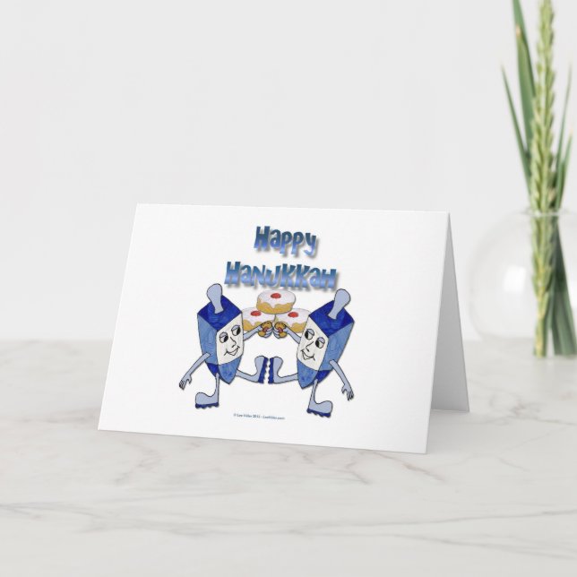 Hanukkah Dancing Dreidels and Jelly Doughnuts Holiday Card (Front)