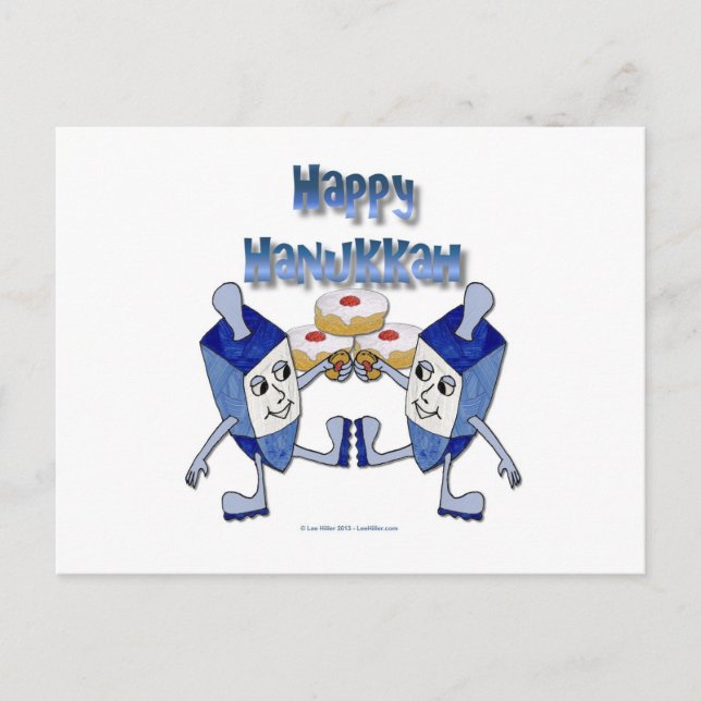 Hanukkah Dancing Dreidels and Jelly Doughnuts Holiday Postcard (Front)