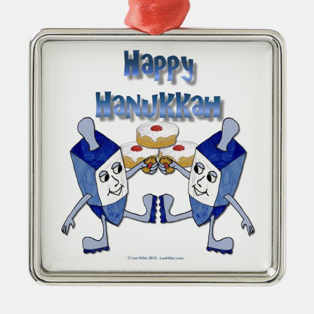 Hanukkah Dancing Dreidels and Jelly Doughnuts Metal Ornament (Front)