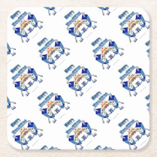 Hanukkah Dancing Dreidels and Jelly Doughnuts Square Paper Coaster
