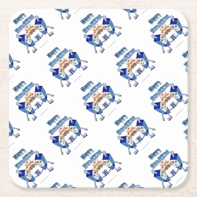 Hanukkah Dancing Dreidels and Jelly Doughnuts Square Paper Coaster (Front)