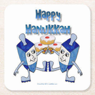 Hanukkah Dancing Dreidels and Jelly Doughnuts Square Paper Coaster